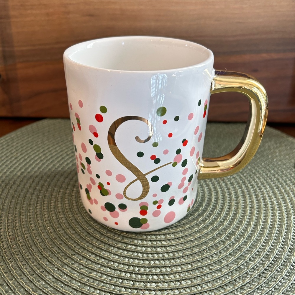 Pier 1 Imports Monogram Letter “S”Confetti 14 Ounce Tea or Coffee Mug Pristine.